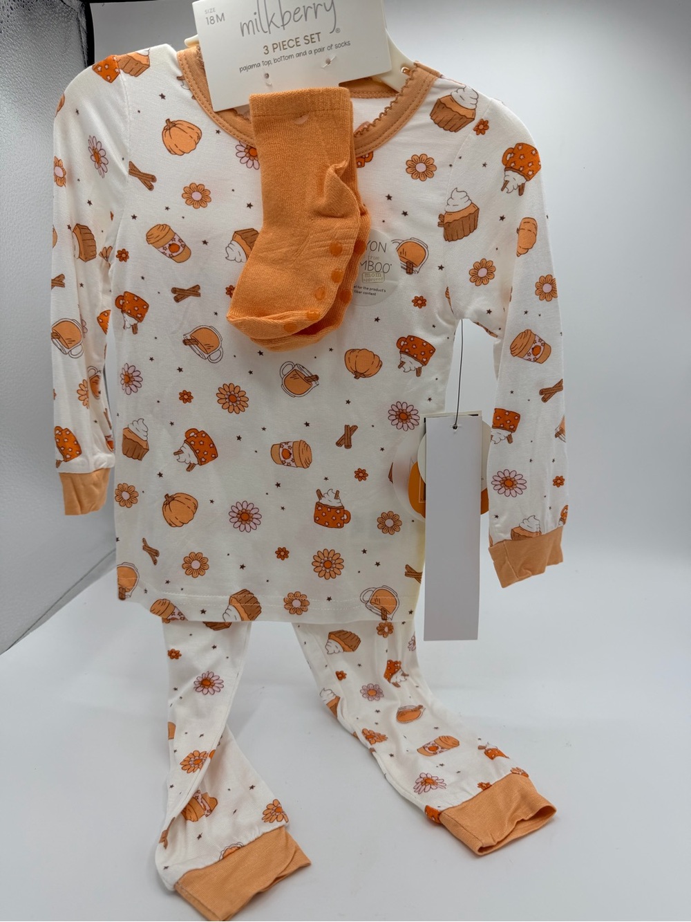 Milkberry Orange Pumpkin Fall Print Kids Pajama Set - with socks